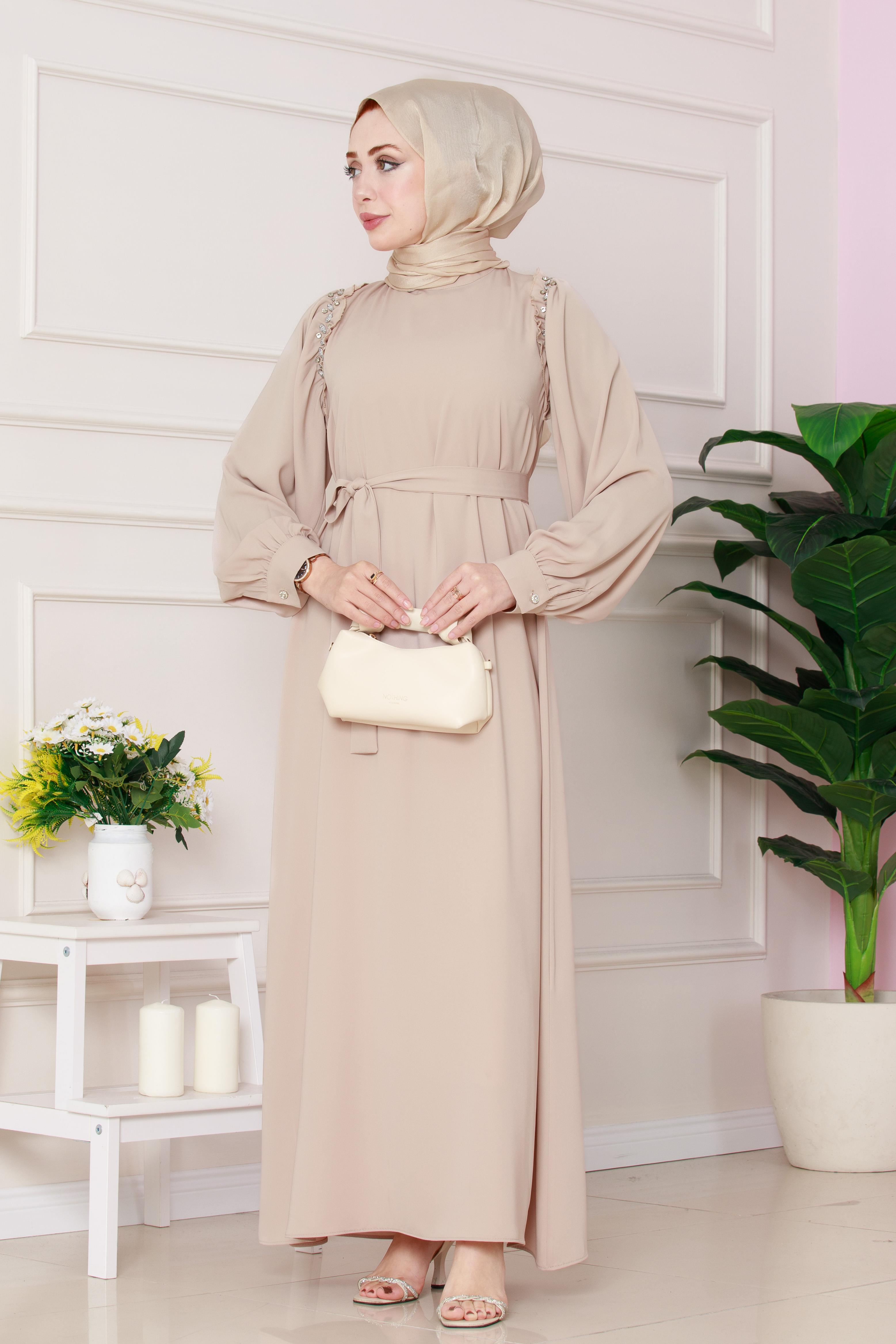 Omuzu Taş Detaylı Rose Elbise-Bej