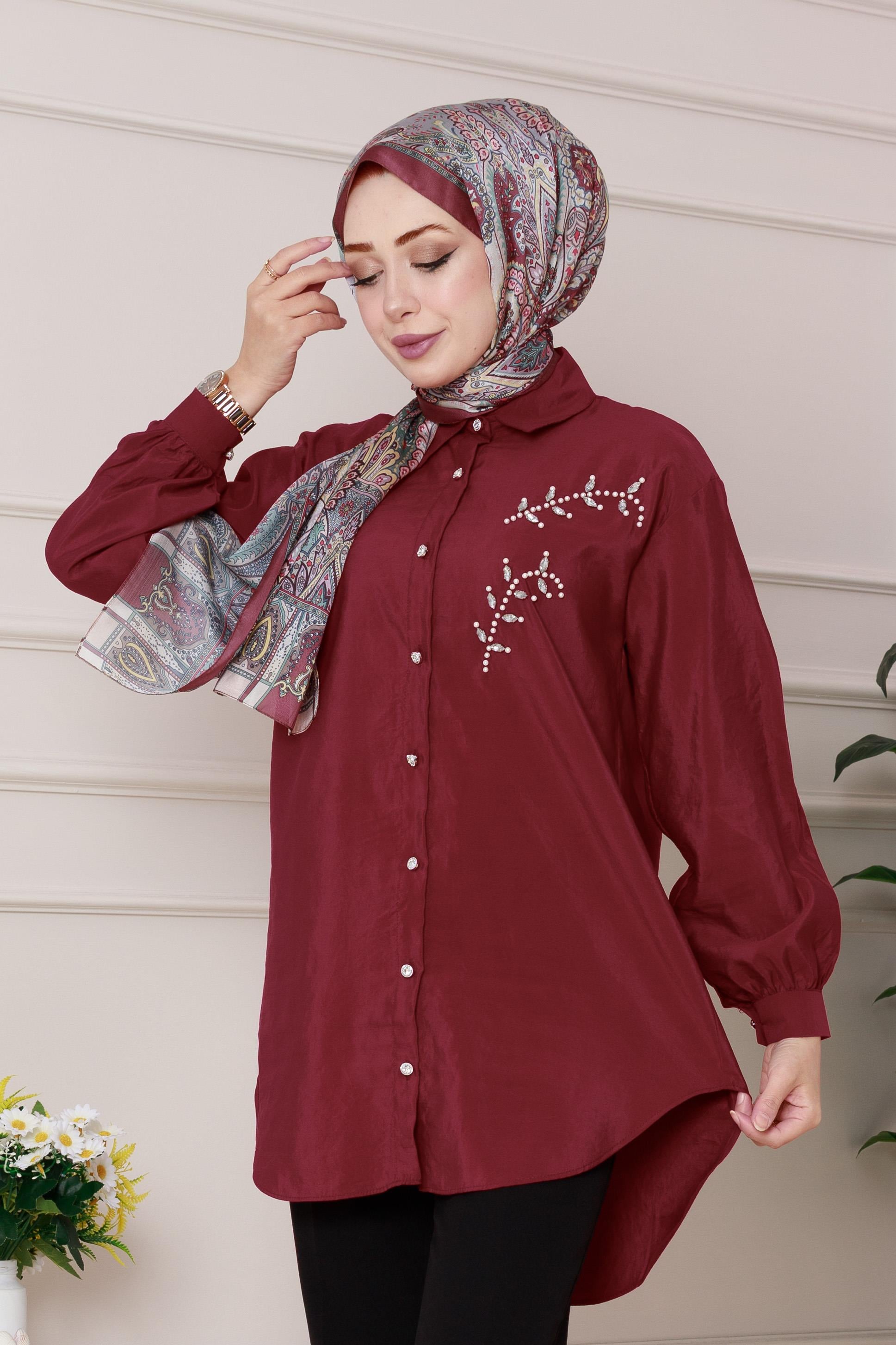 Önü İnci Taş İşlemeli Tunik-Bordo