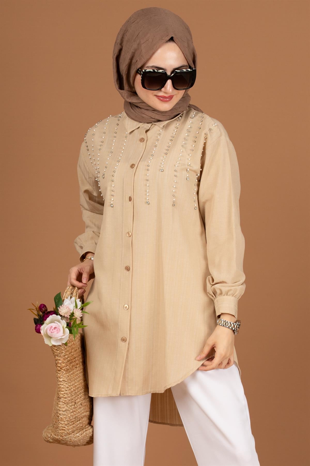 önü incili Tunik-Bej