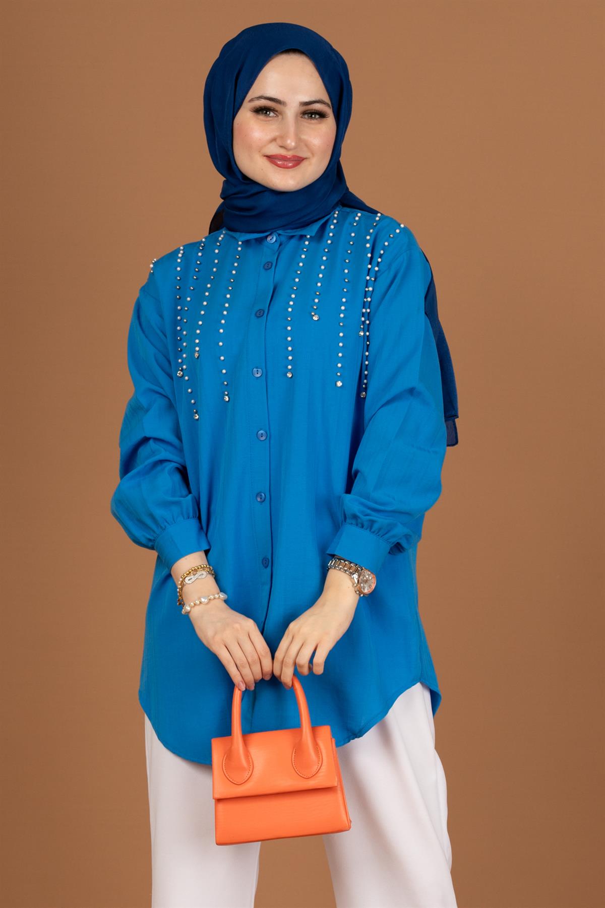 önü incili Tunik-Mavi