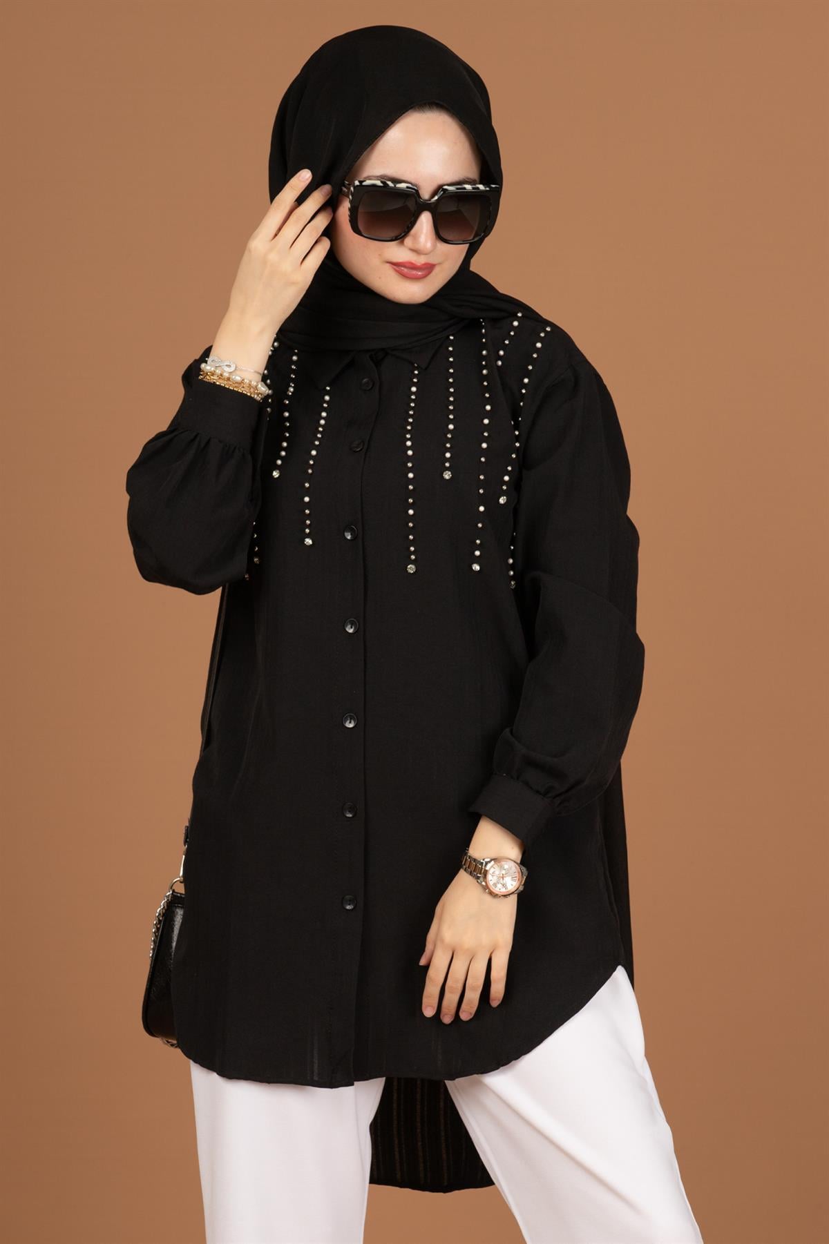 önü incili Tunik-Siyah