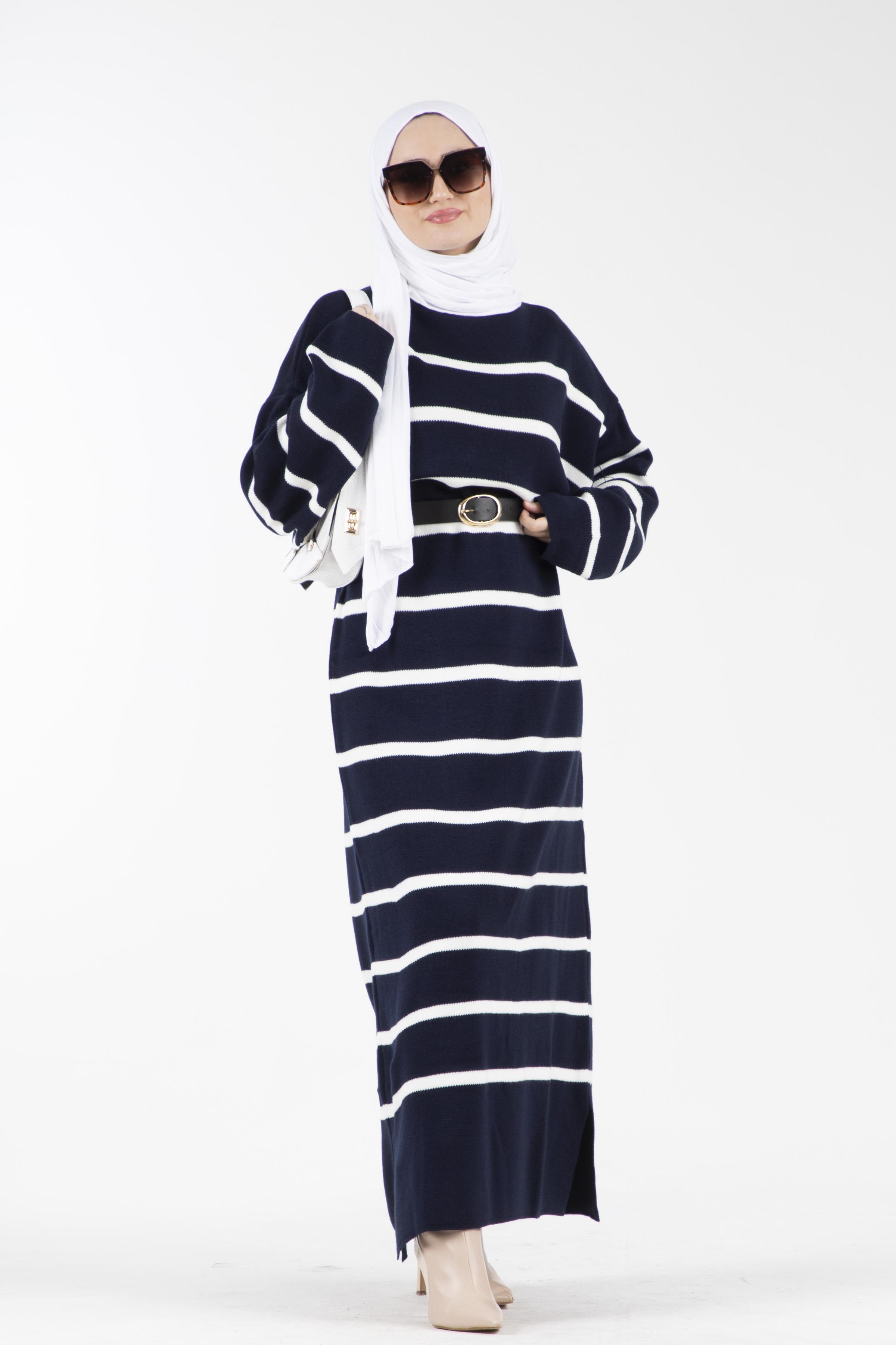 Oversize Çizgili Triko Elbise-Lacivert