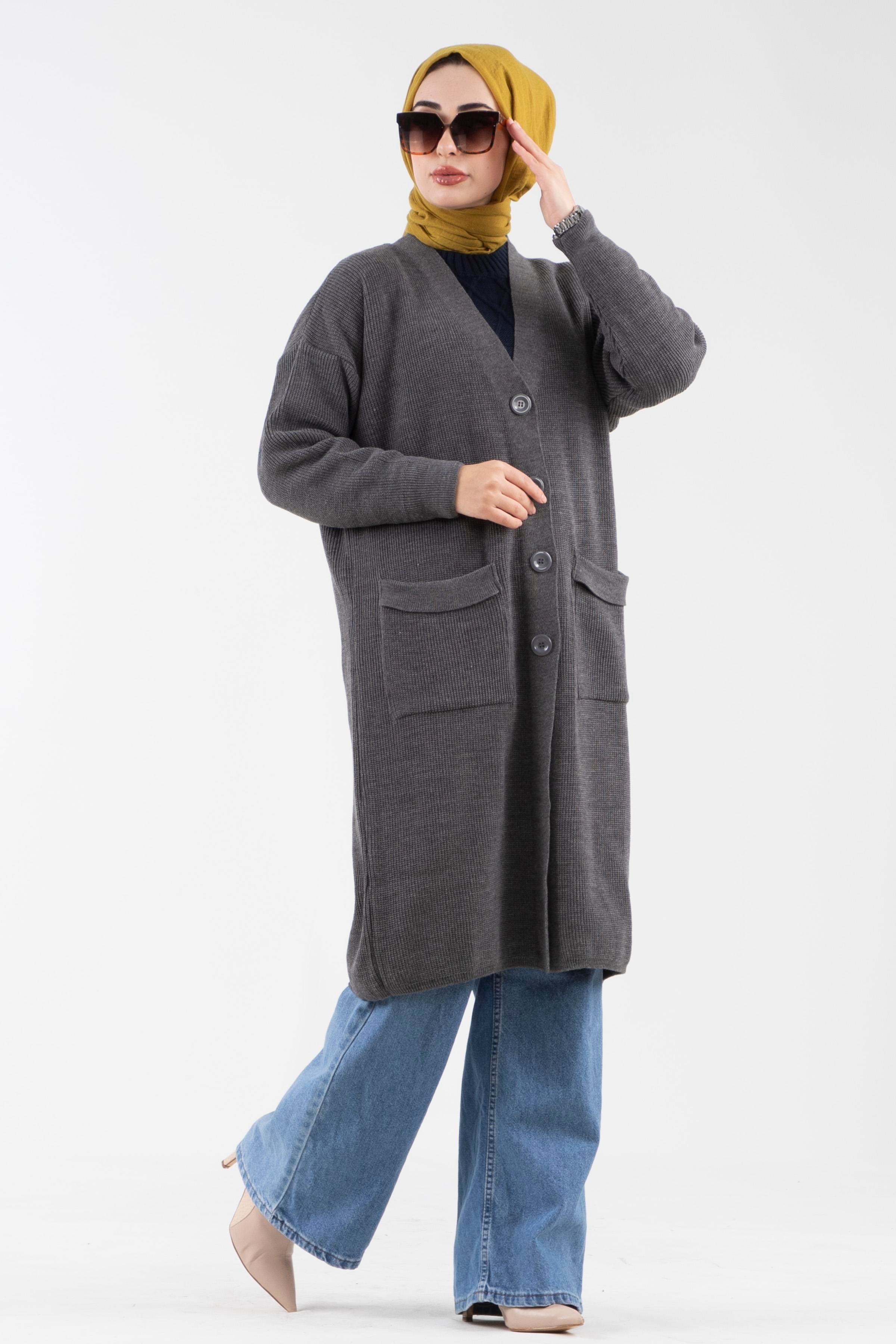 Oversize Düğmeli Triko Hırka-Antrasit
