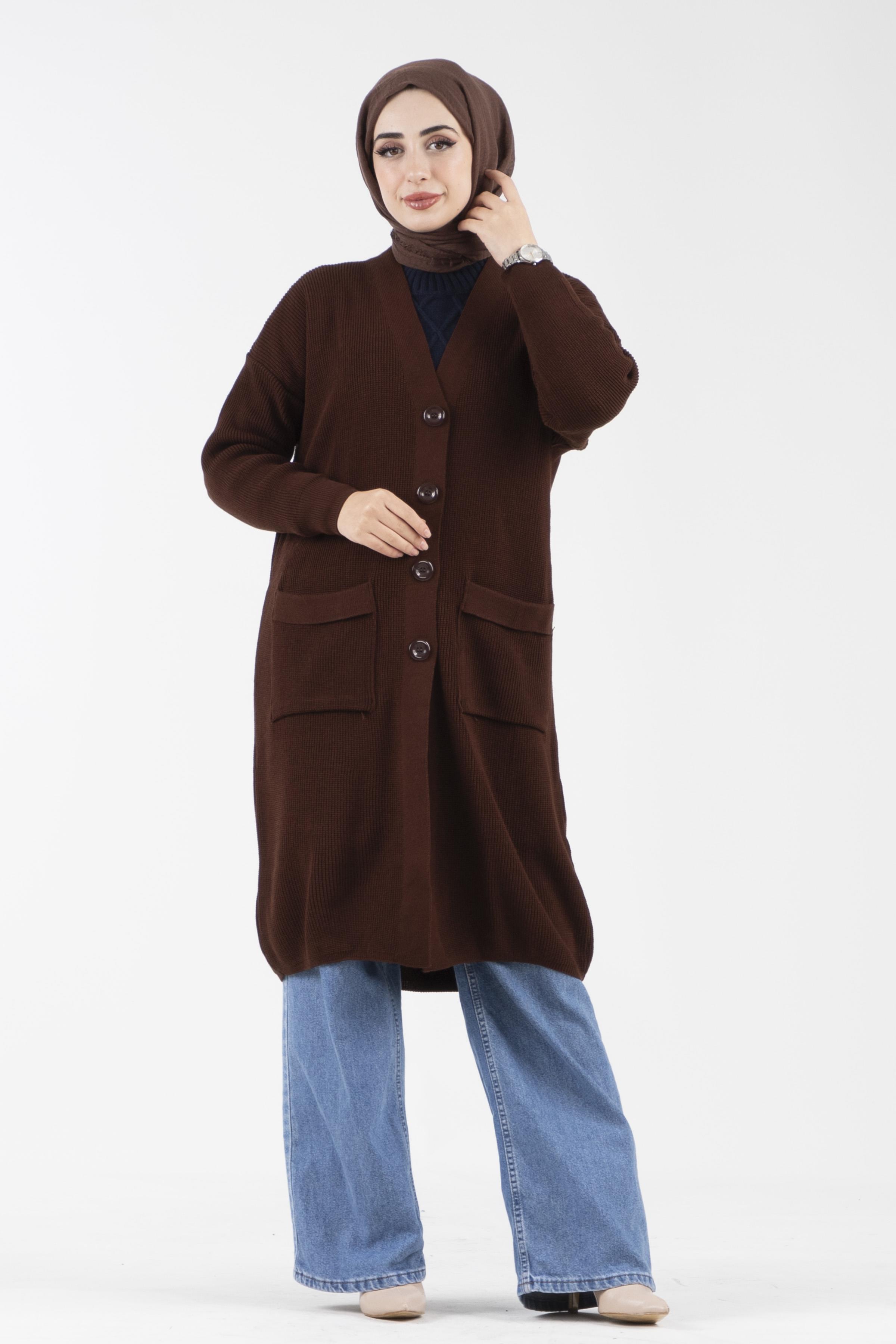 Oversize Düğmeli Triko Hırka-Kahverengi
