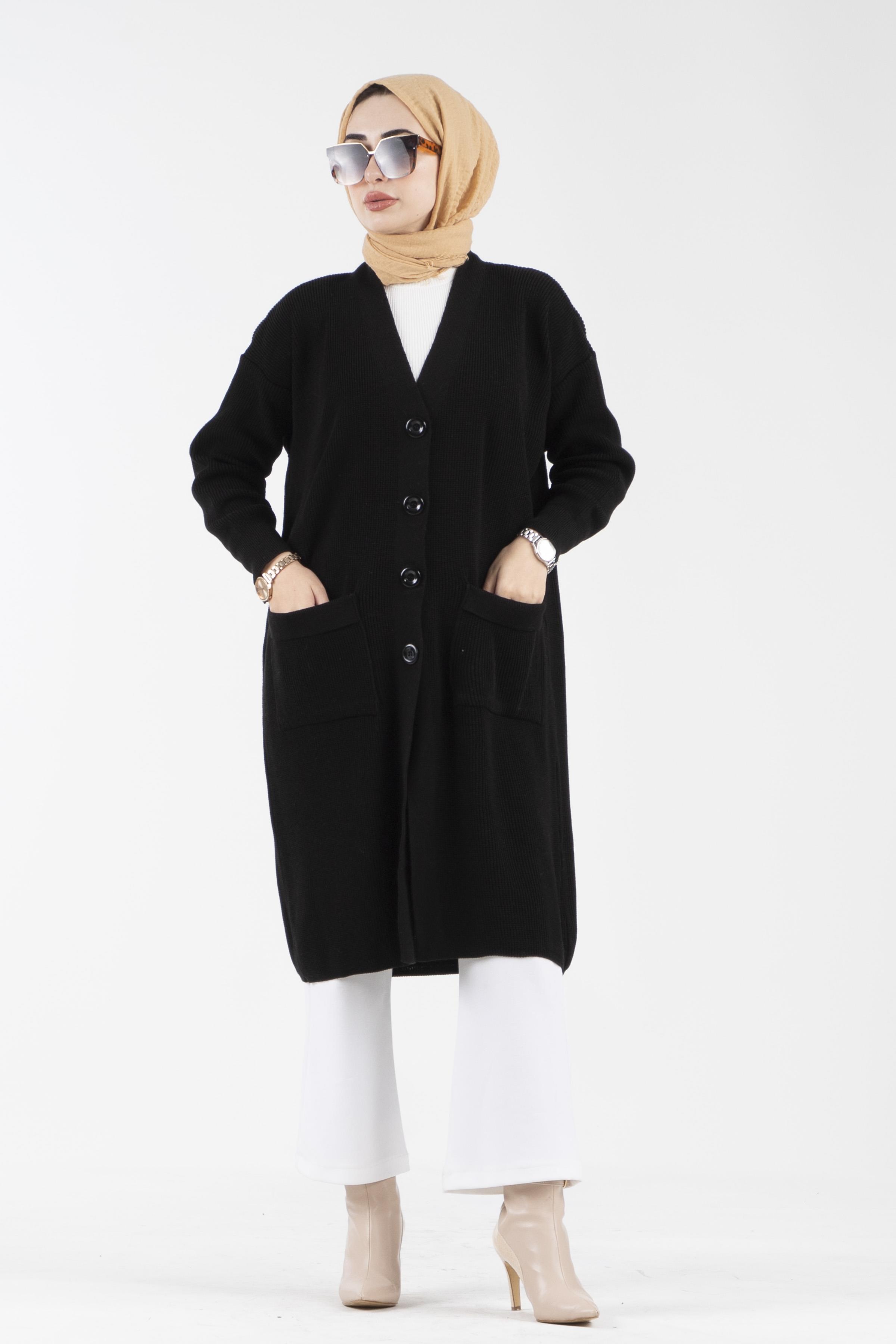 Oversize Düğmeli Triko Hırka-Siyah