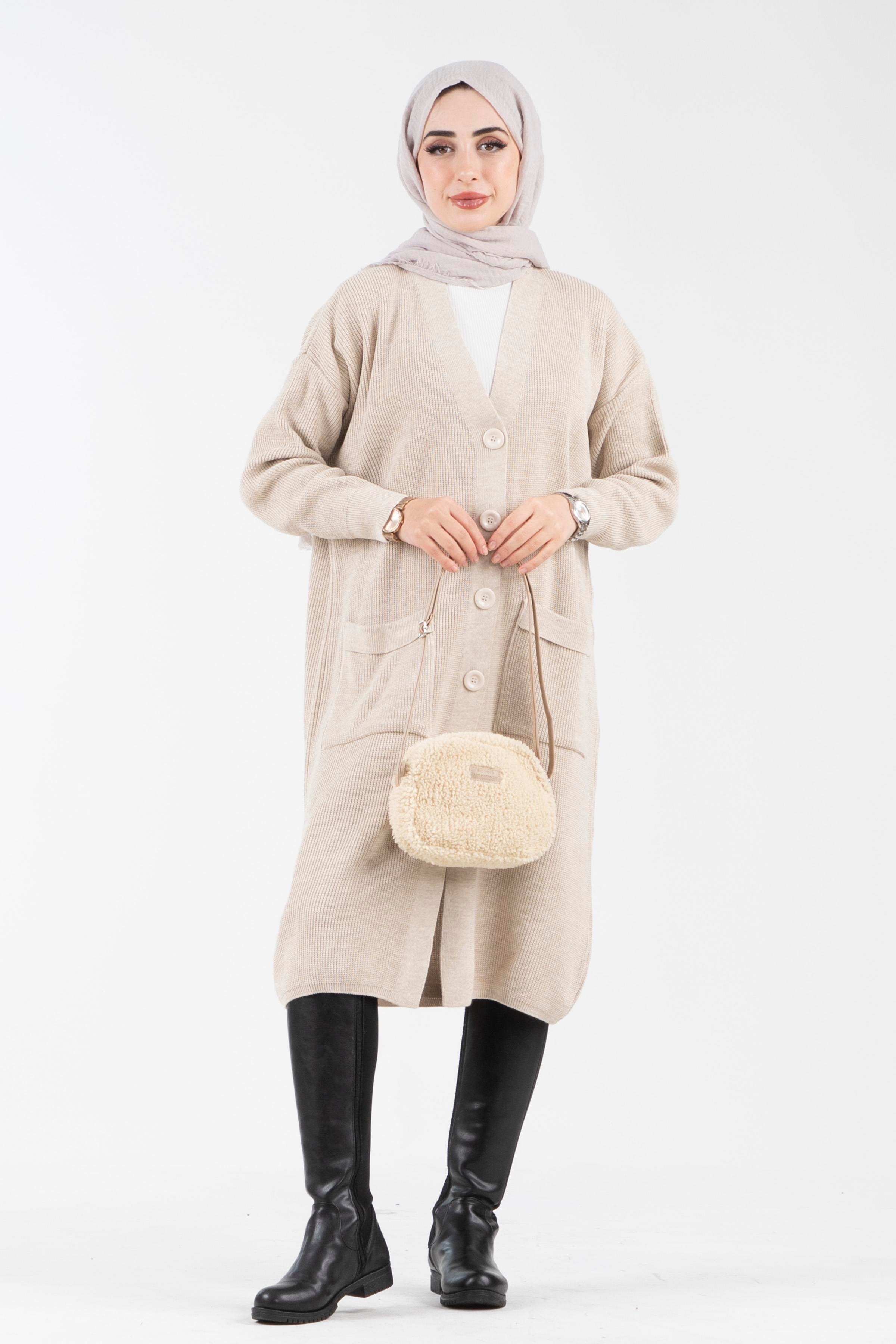 Oversize Düğmeli Triko Hırka-Taş