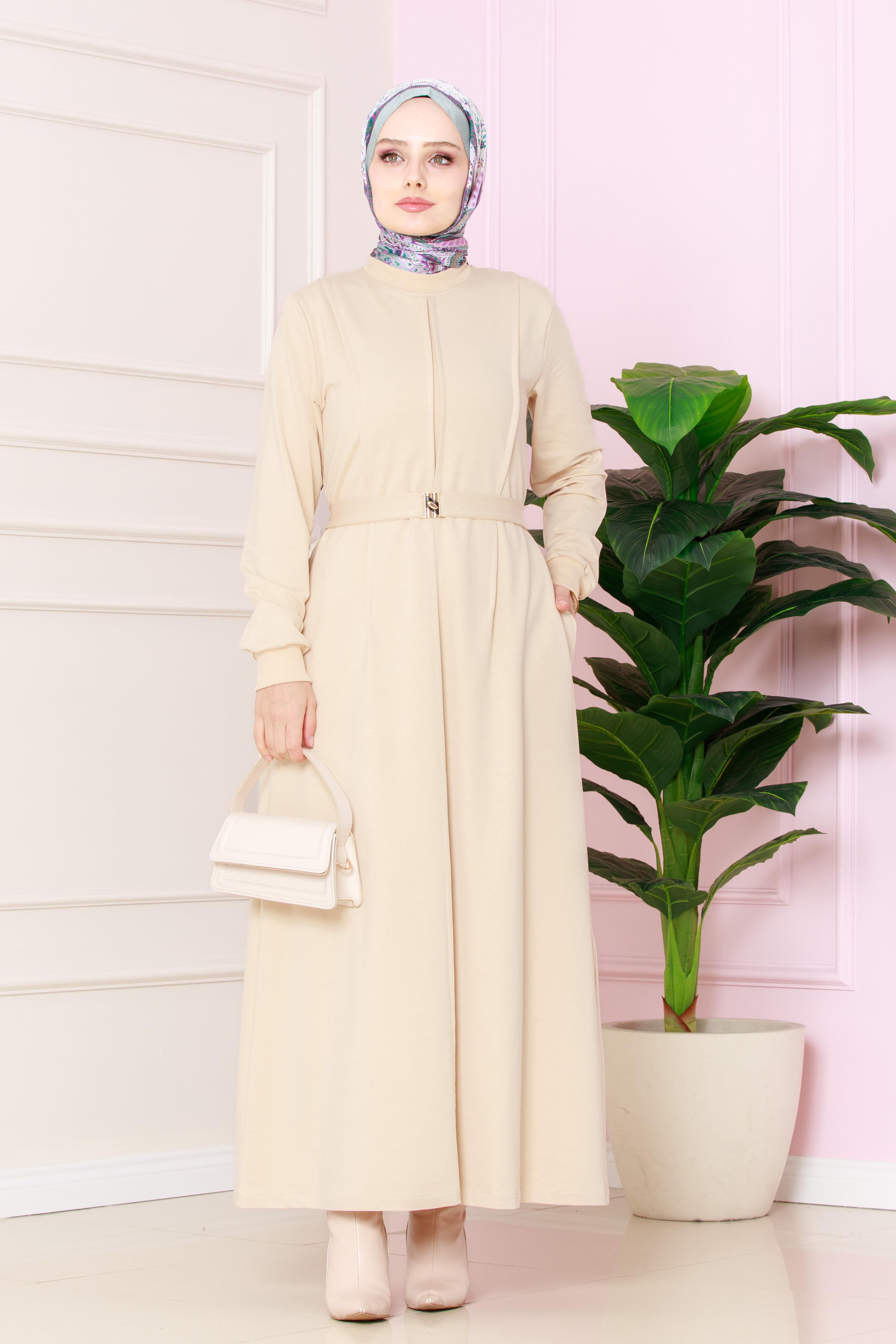 Pİle Detaylı Elbise -Bej