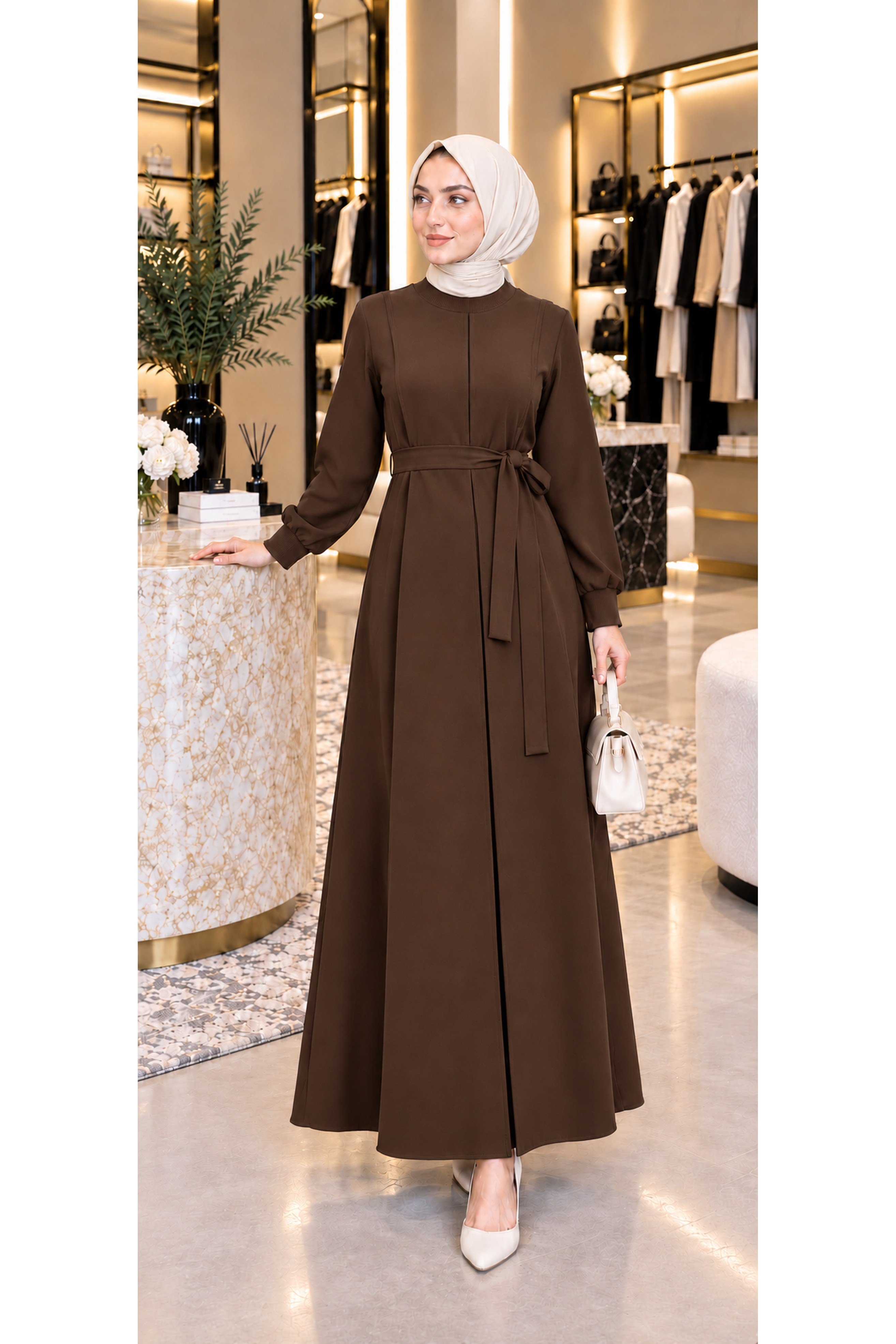 Pleated Detailed Dress -brown color
