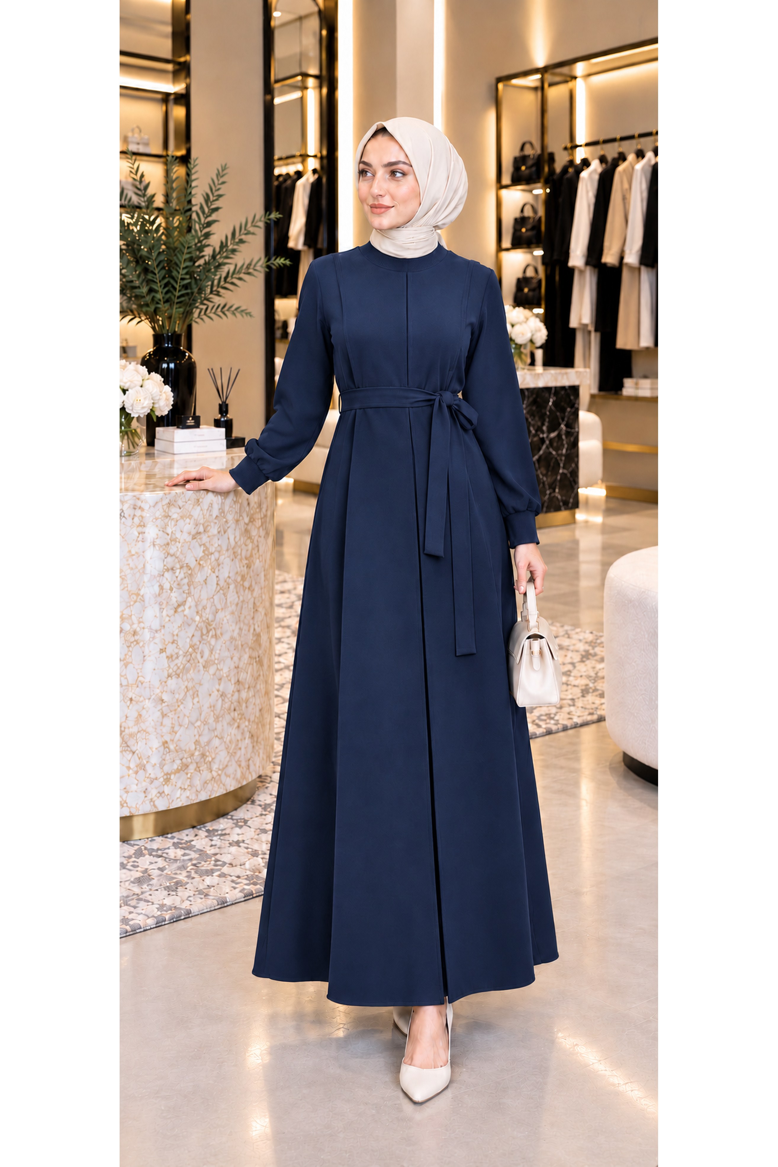 Pleated Detail Dress -navy blue color
