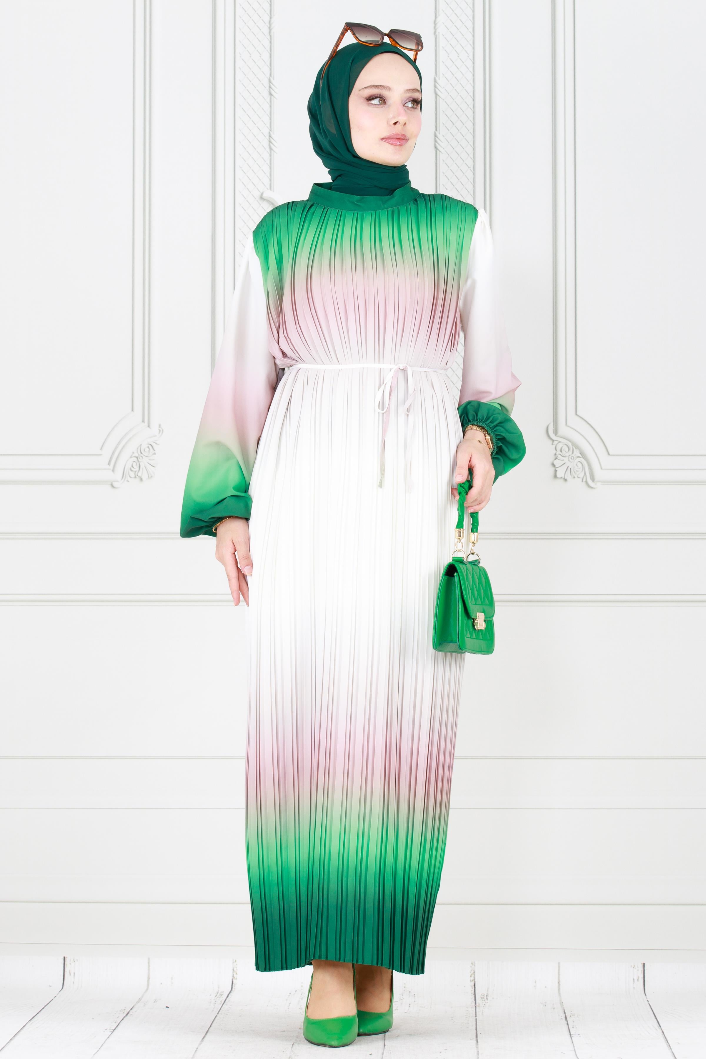 Piliseli Ebruli Tesettür Elbise-Zümrüt Yeşili