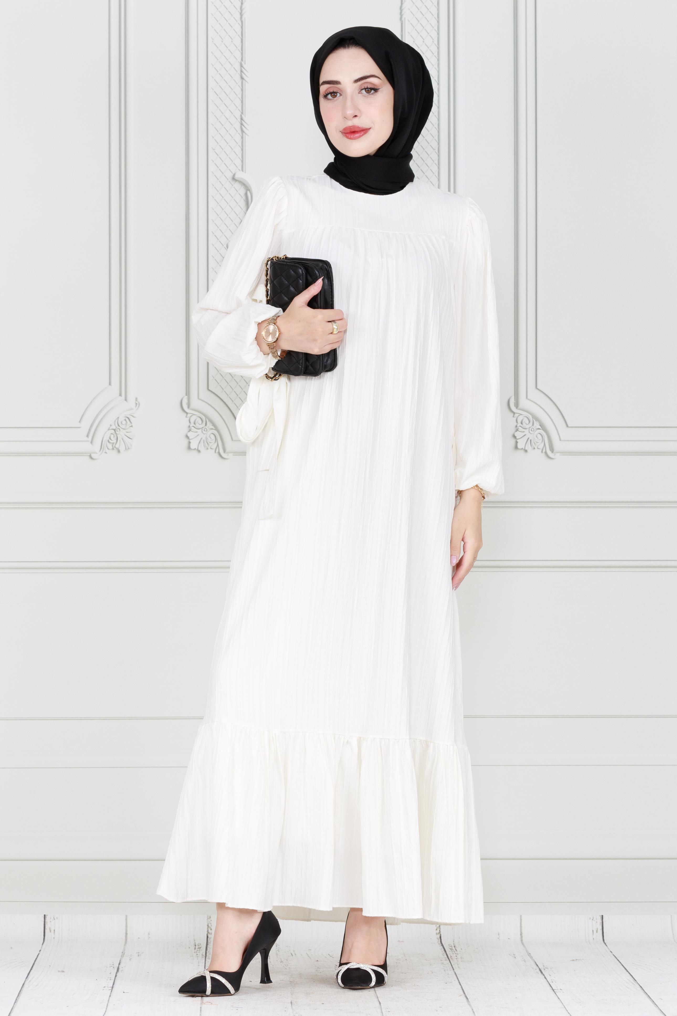 Robalı Kuşaklı Ada Elbise-Beyaz