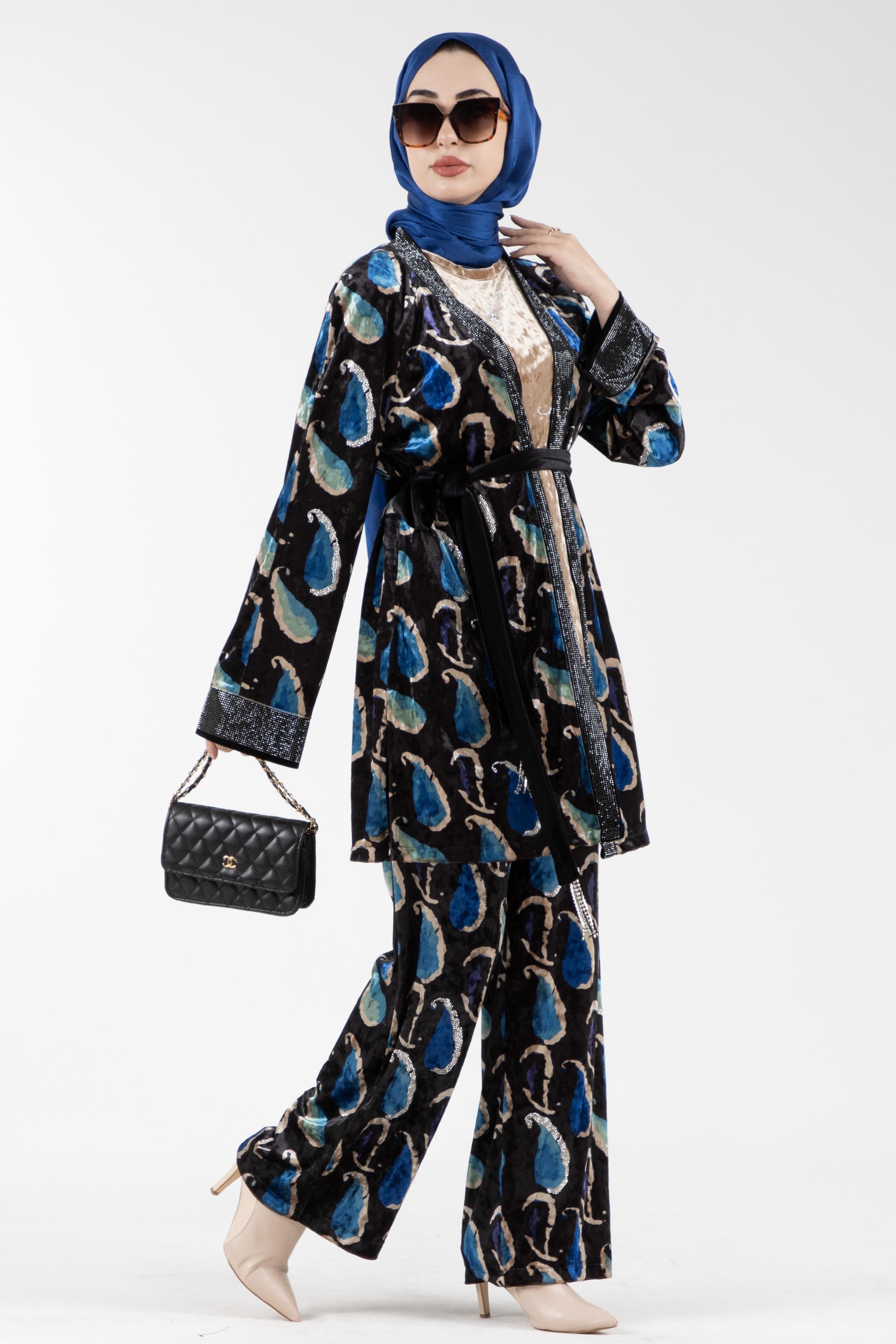 Velvet Three-Piece Set with Shawl Pattern - Sky Blue