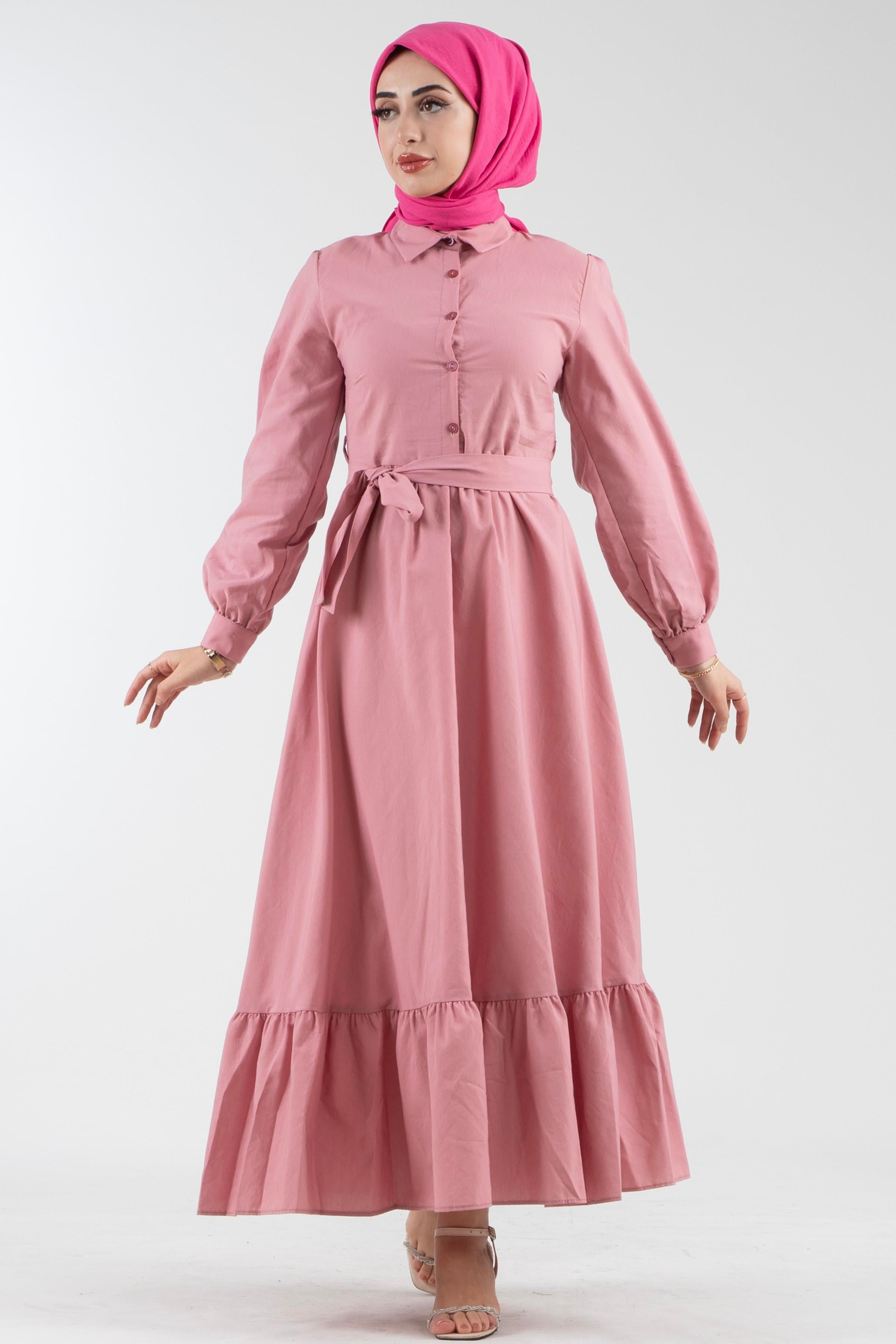Seyyar Kuşaklı Gömlek Yaka Elbise-Pembe