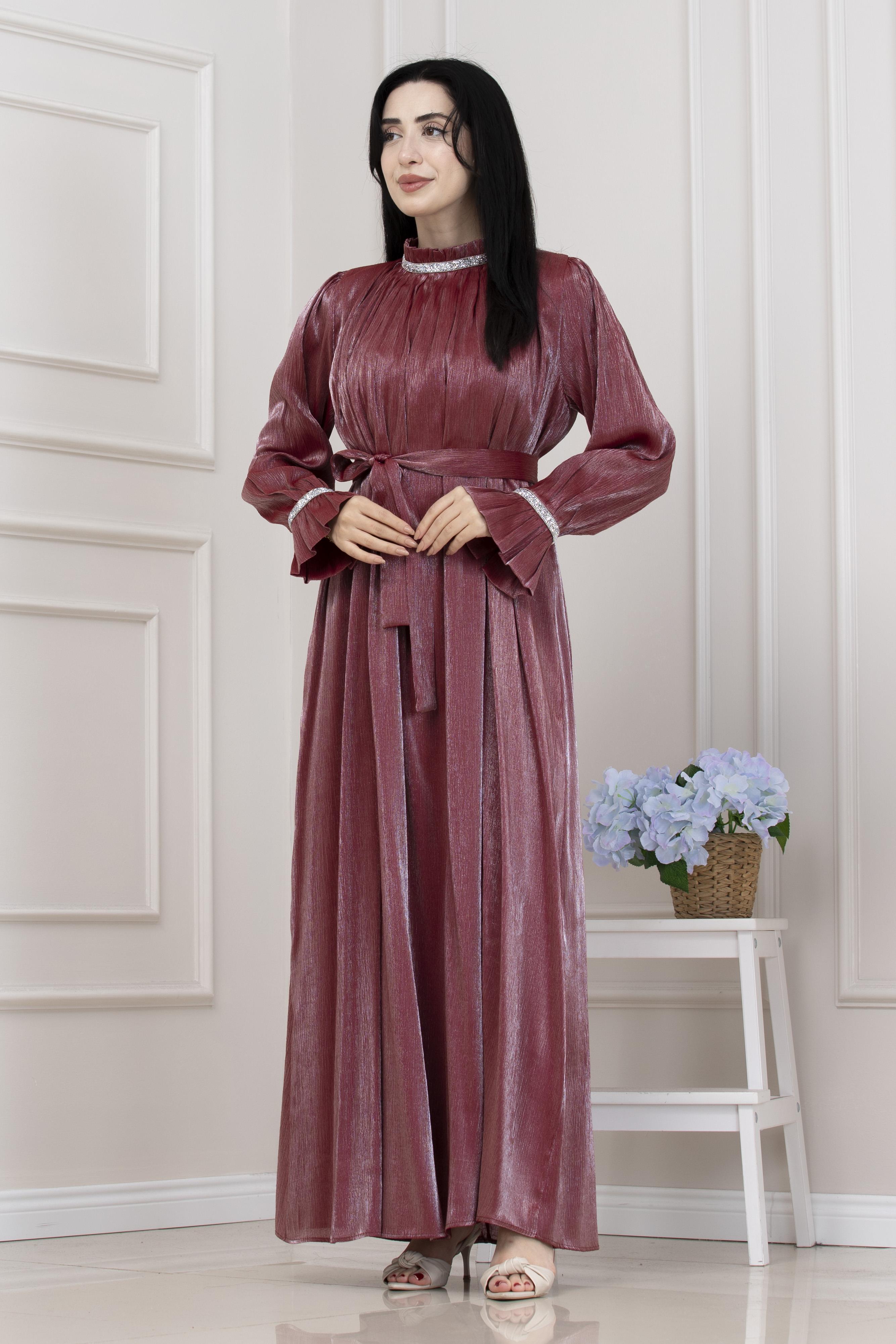 Simli Taşlı Abiye Elbise-Bordo