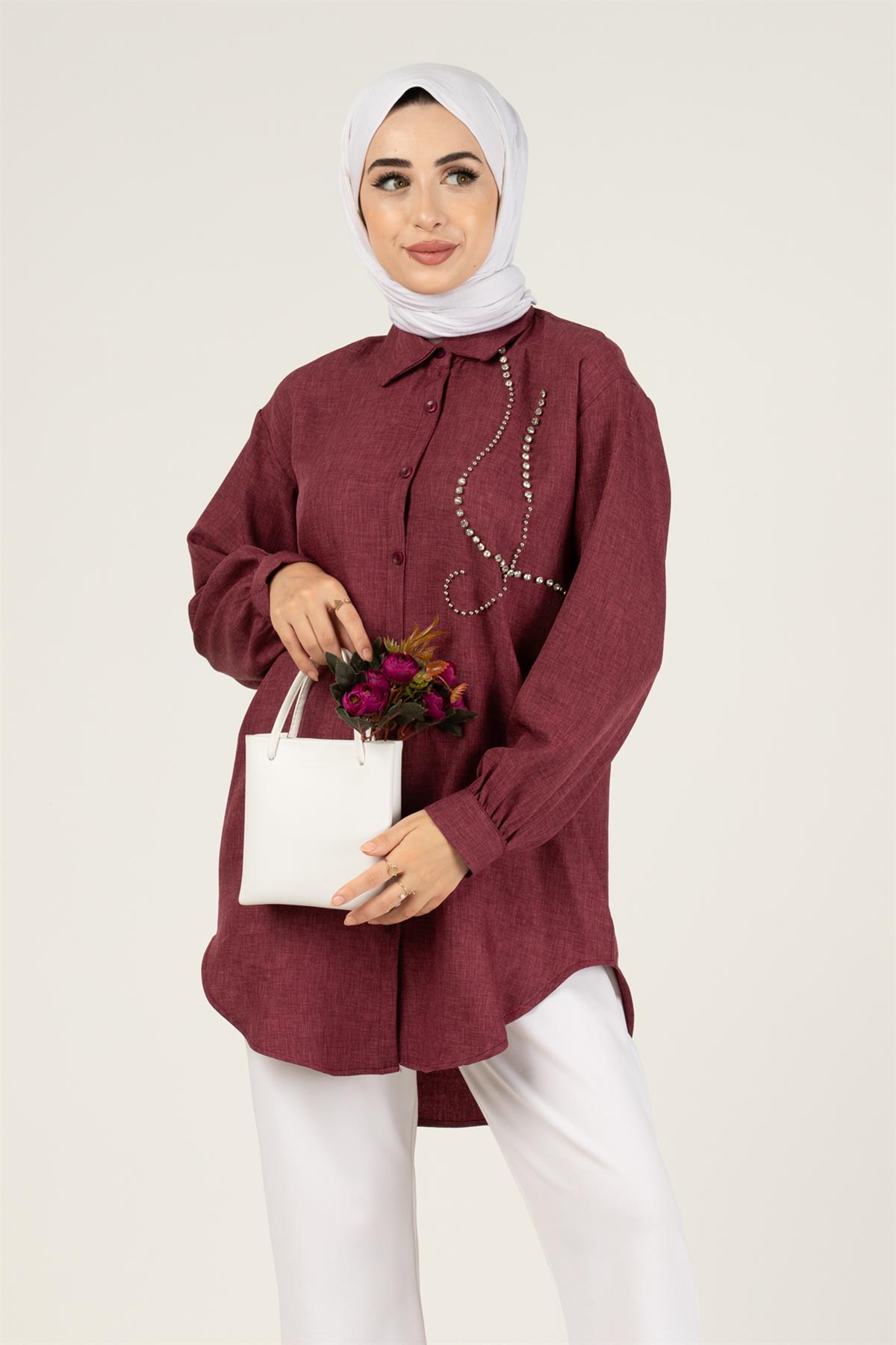 Taş Detaylı Tunik-Mürdüm