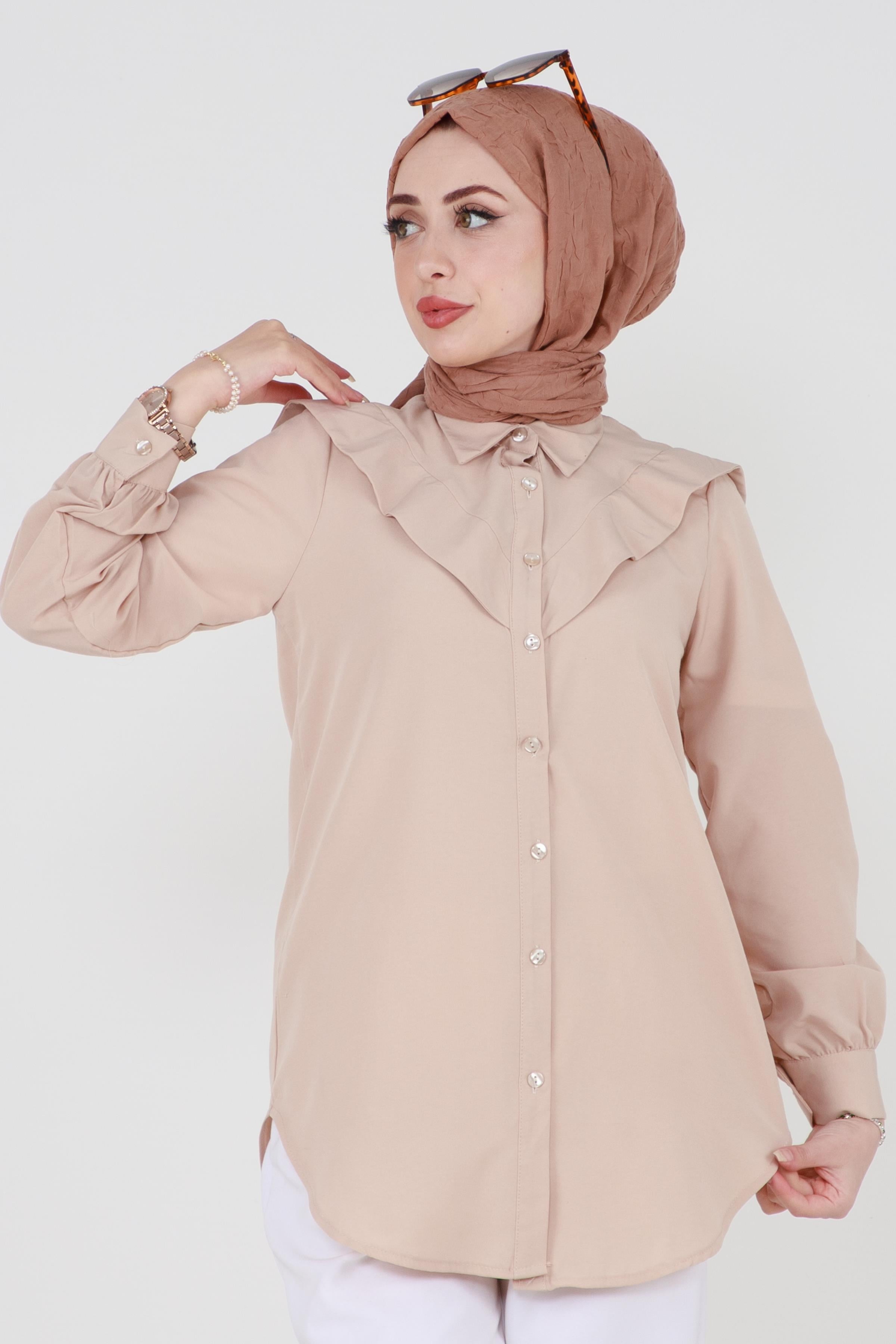 Yakası Kat Detaylı poplin Tunik-Bej
