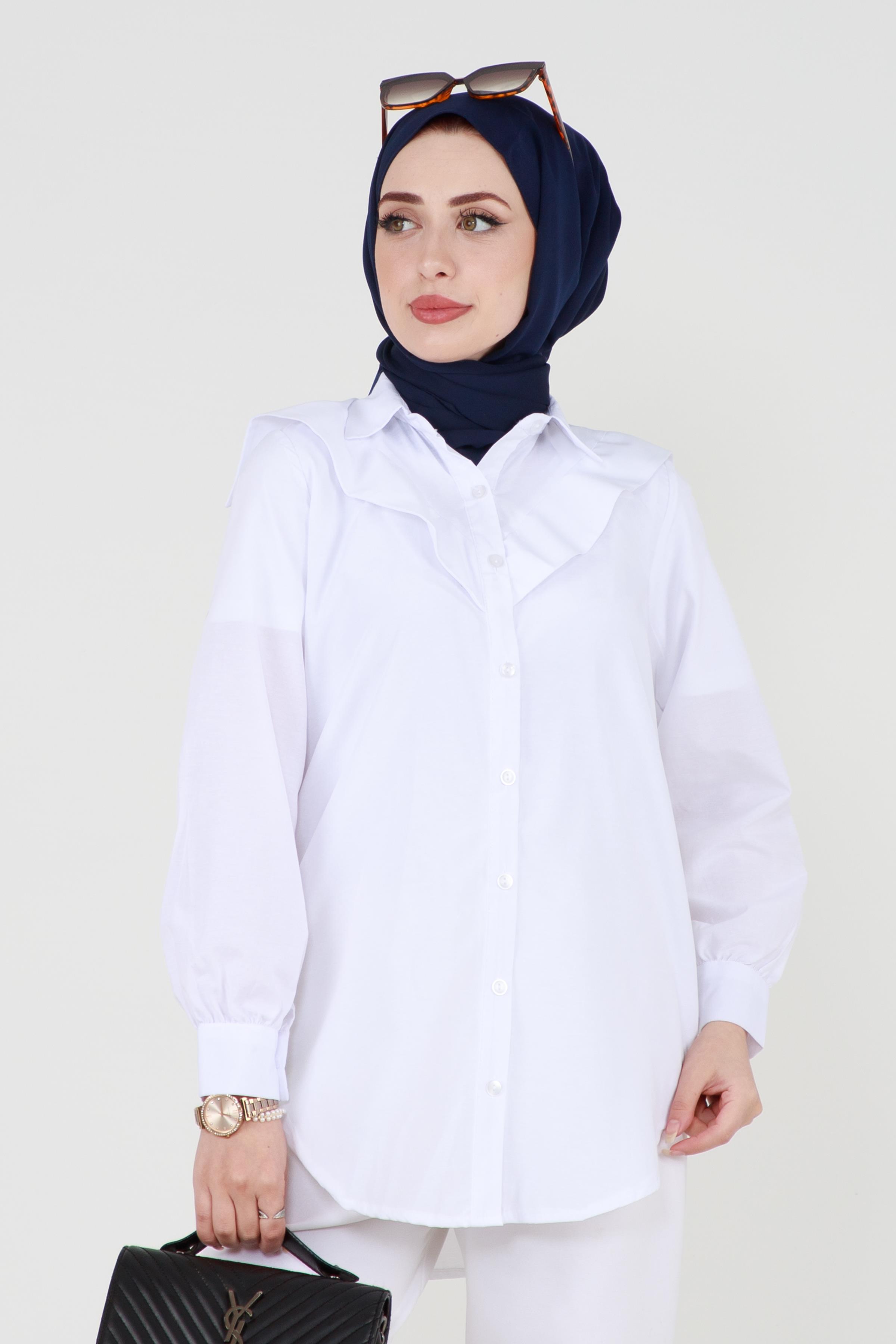 Yakası Kat Detaylı poplin Tunik-Beyaz
