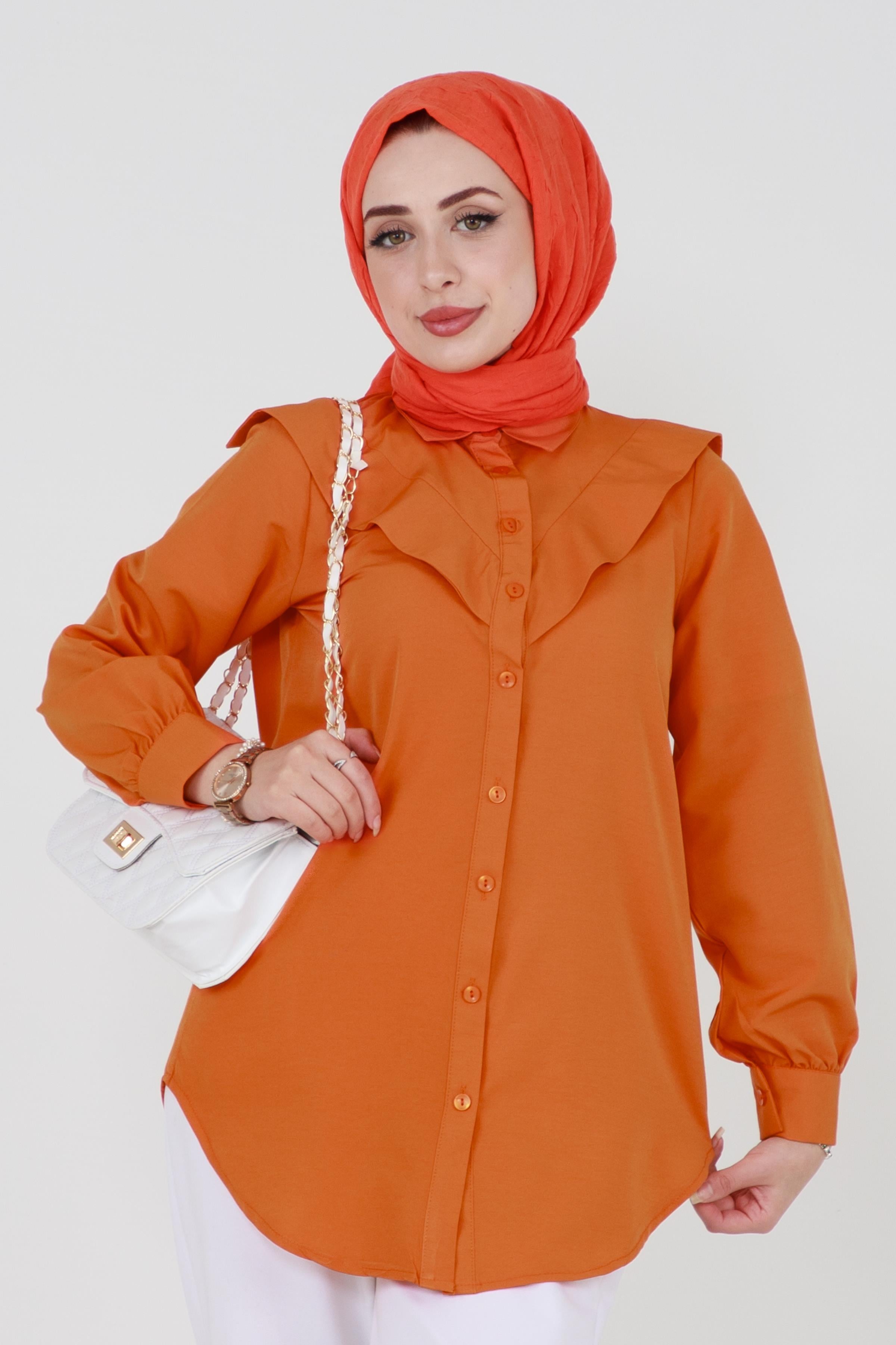 Yakası Kat Detaylı poplin Tunik-Turuncu