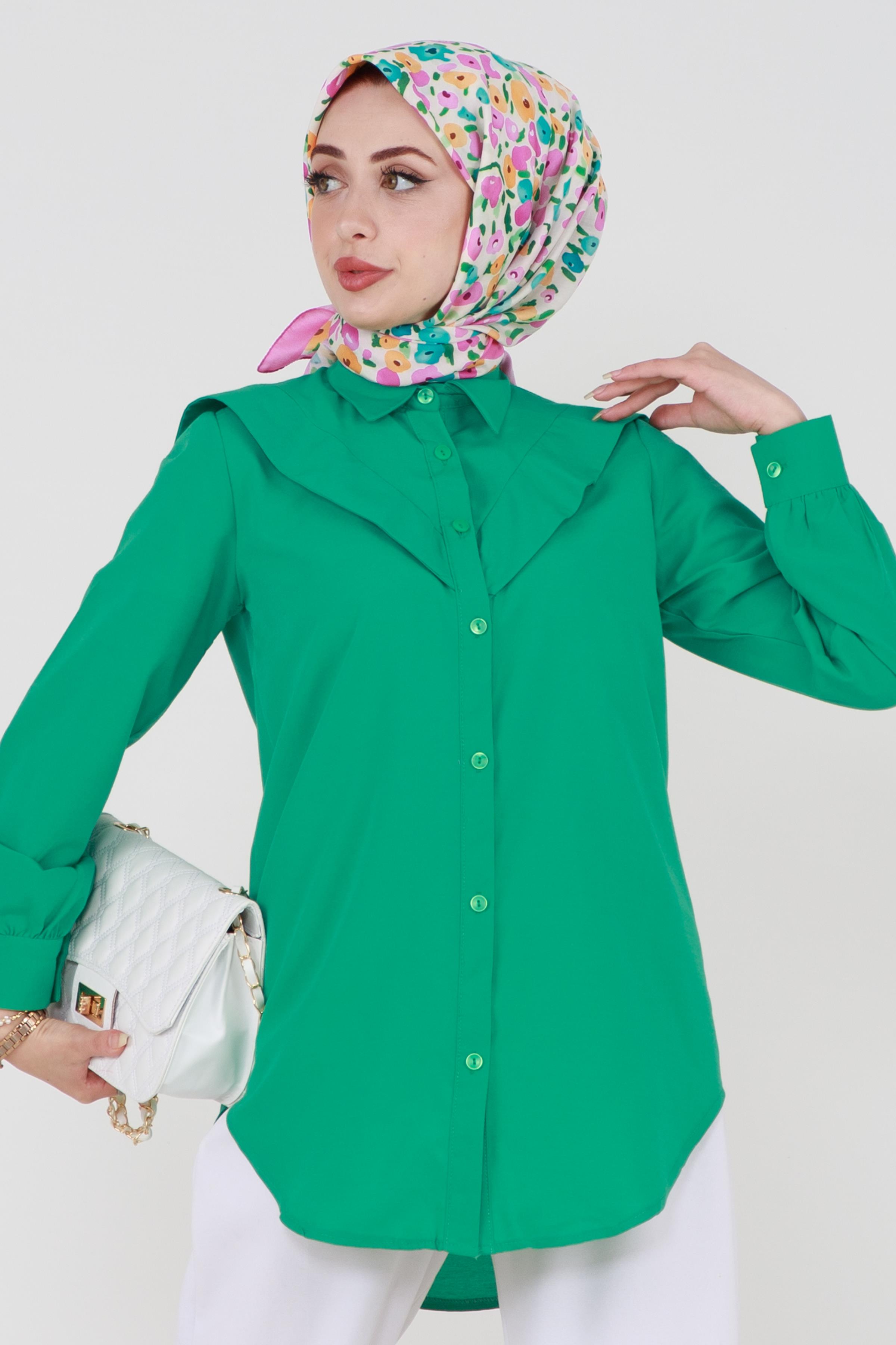 Yakası Kat Detaylı poplin Tunik-Yeşil