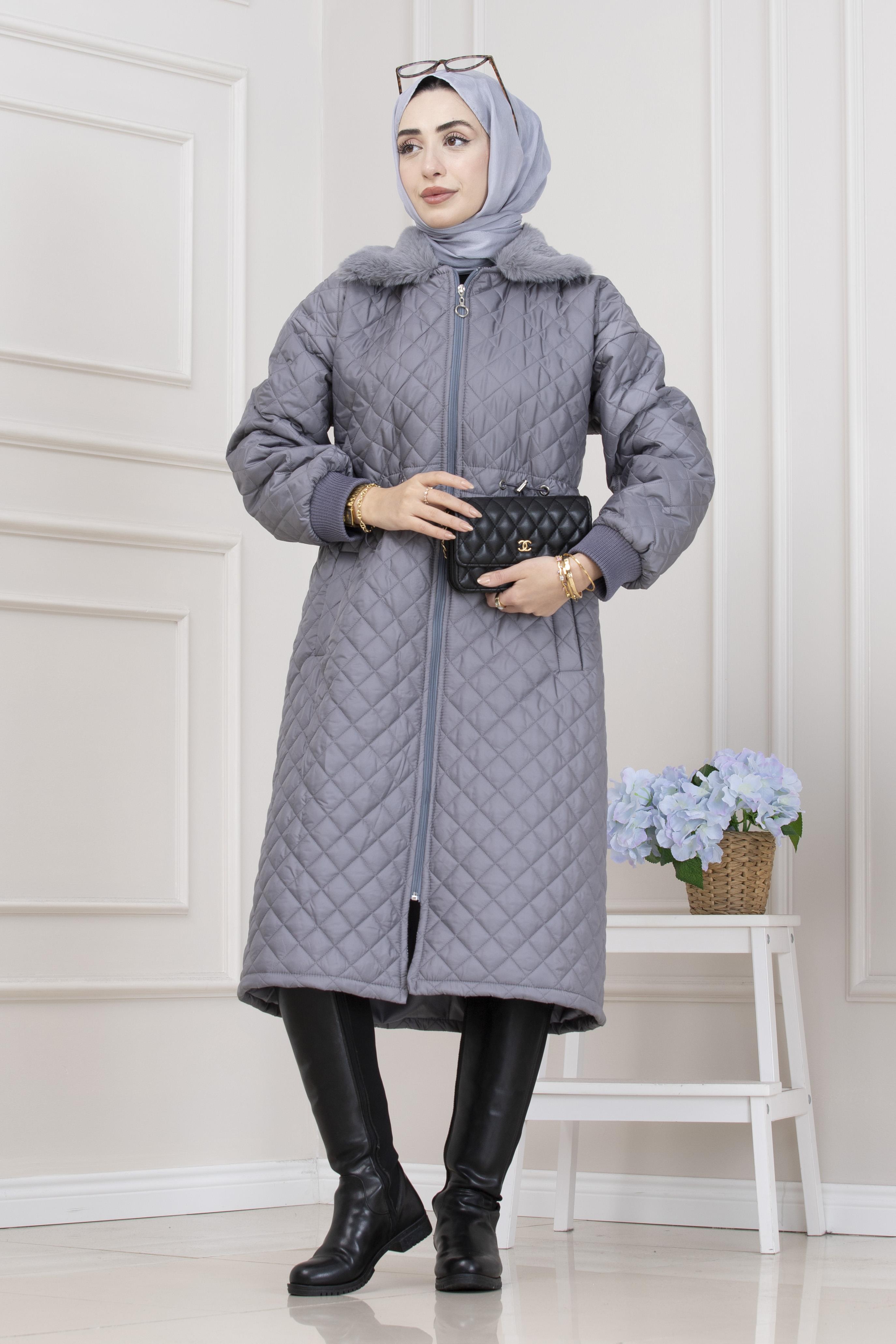 Yakası Kürklü Capitone Mont-GRİ