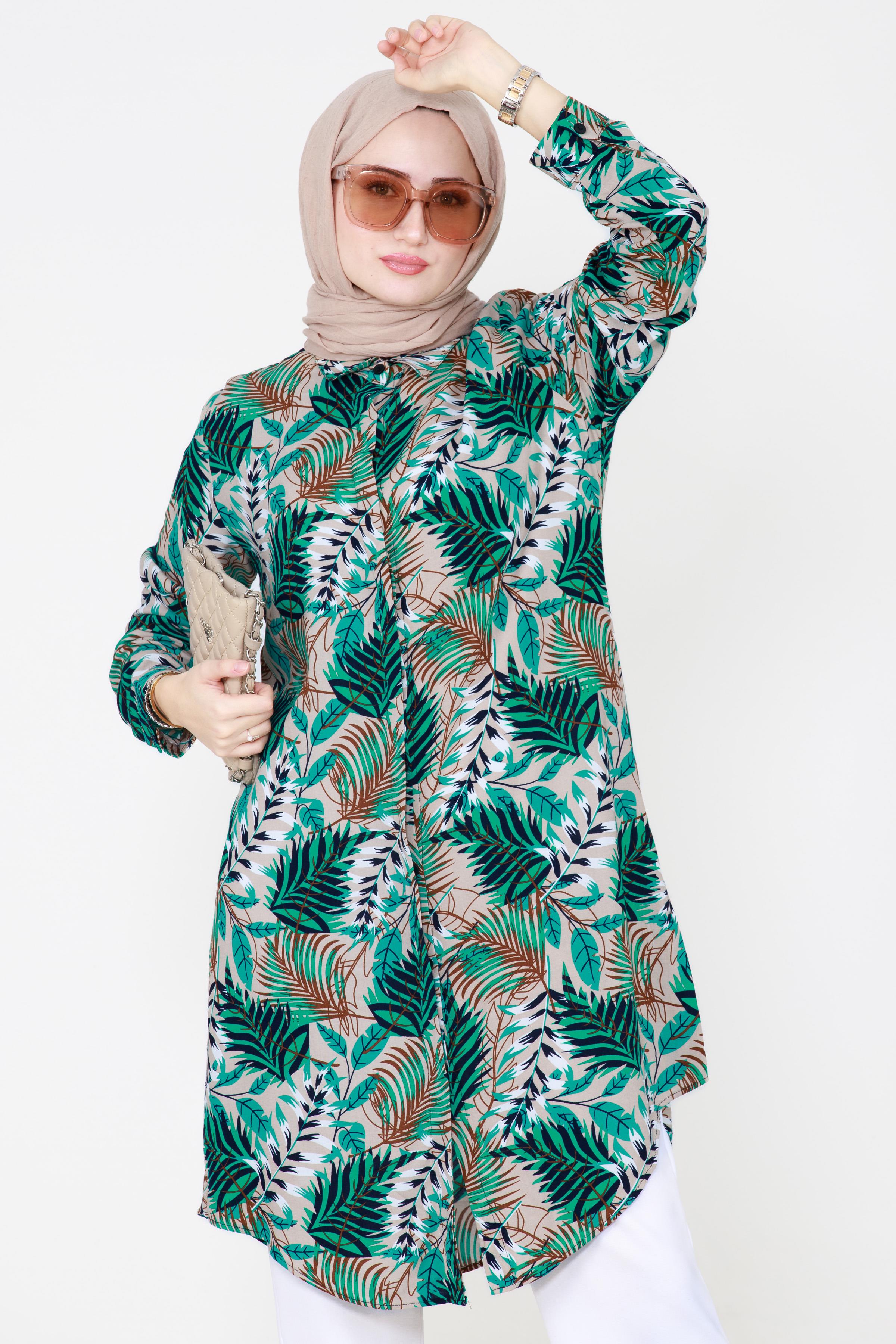 Leaf Patterned Viscose Tunic - Green'' 