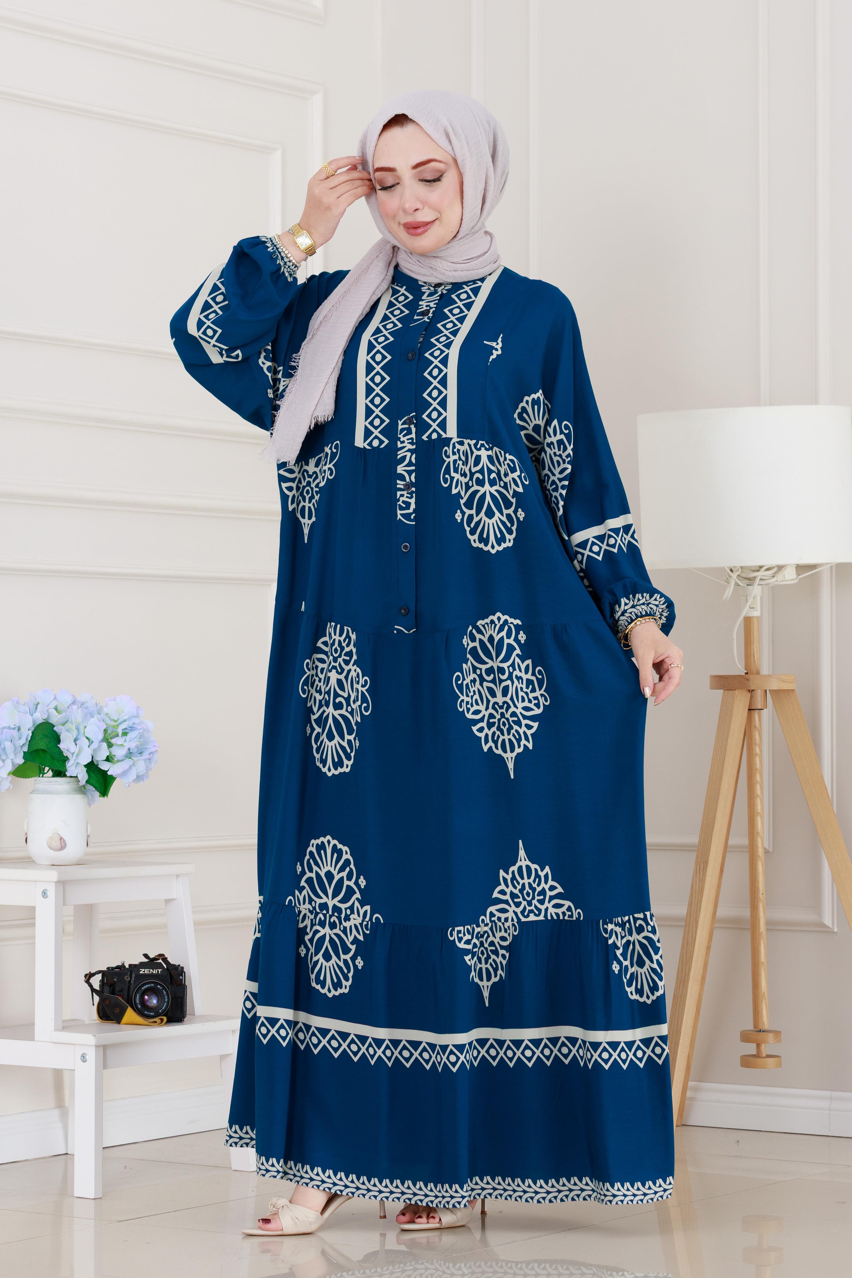 Yarım düğmeli Robalı Beyza Elbise-İndigo