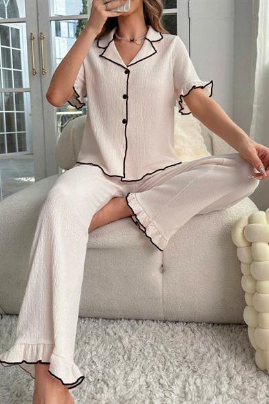 Bella Notte Açık Bej Fırfır Detaylı Gömlek Yaka Pijama Takımı 7167