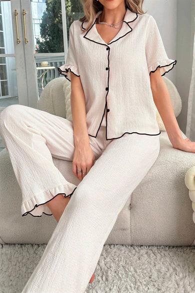 Bella Notte Açık Bej Fırfır Detaylı Gömlek Yaka Pijama Takımı 7167
