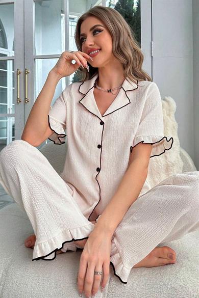 Bella Notte Açık Bej Fırfır Detaylı Gömlek Yaka Pijama Takımı 7167