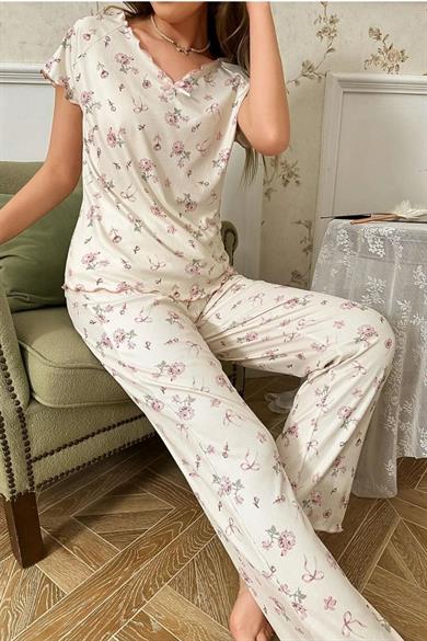 BELLA NOTTE Bahar Esintisi  Pamuklu  Çiçek Desenli  Kısa Kolu Pij