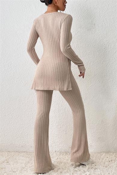 Bella Notte Beige Wick Slit Detailed Long Pyjama Set 7057