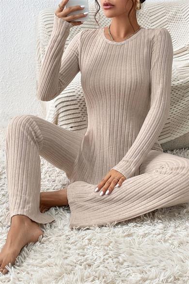 Bella Notte Beige Wick Slit Detailed Long Pyjama Set 7057