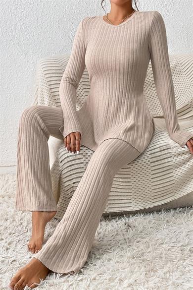 Bella Notte Beige Wick Slit Detailed Long Pyjama Set 7057