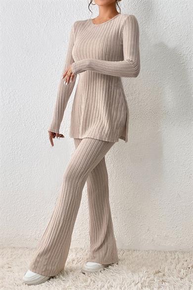Bella Notte Beige Wick Slit Detailed Long Pyjama Set 7057