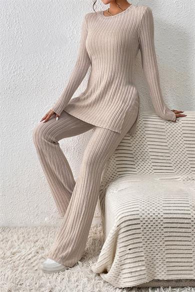 Bella Notte Beige Wick Slit Detailed Long Pyjama Set 7057