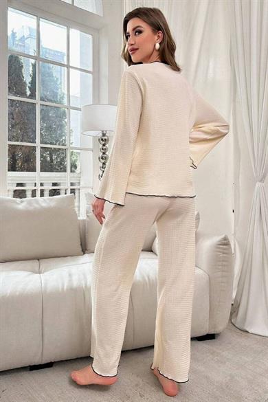 Bella Notte Bej Konforlu Siyah Biyeli Pijama Takımı 77001