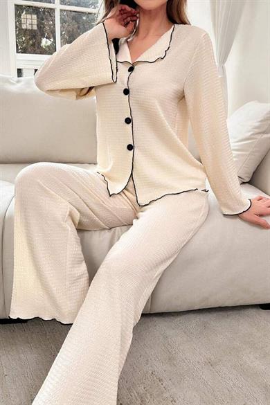 Bella Notte Bej Konforlu Siyah Biyeli Pijama Takımı 77001