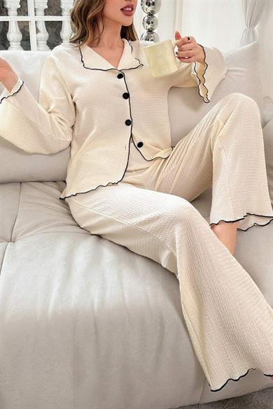 Bella Notte Bej Konforlu Siyah Biyeli Pijama Takımı 77001