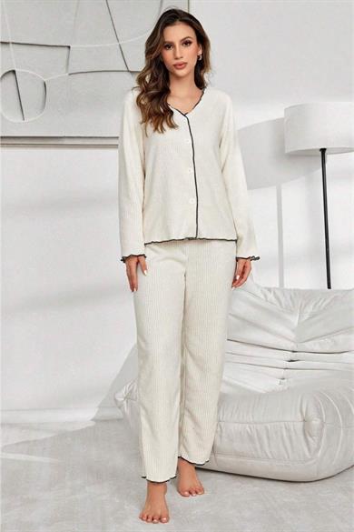 Bella Notte Bej Pamuklu Düğmeli Pijama Takımı 7079