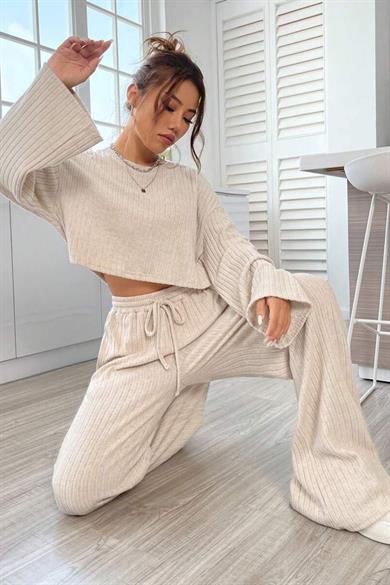 Bella Notte Bej Pamuklu Uzun Kollu Alt Üst Takım 77309