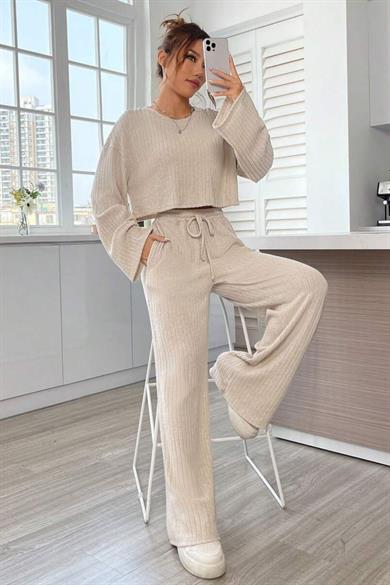 Bella Notte Bej Pamuklu Uzun Kollu Alt Üst Takım 77309