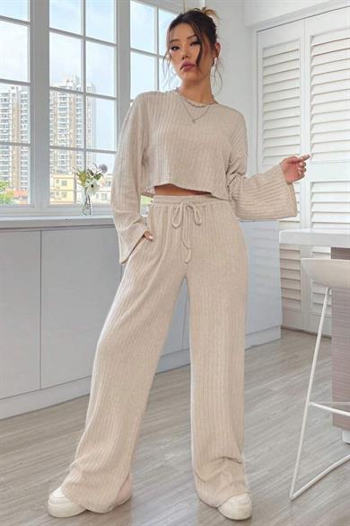Bella Notte Bej Pamuklu Uzun Kollu Alt Üst Takım 77309