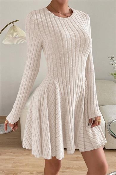 Bella Notte Bej Rengi Uzun Kollu Pamuklu Sonbahar Elbisesi E-5521