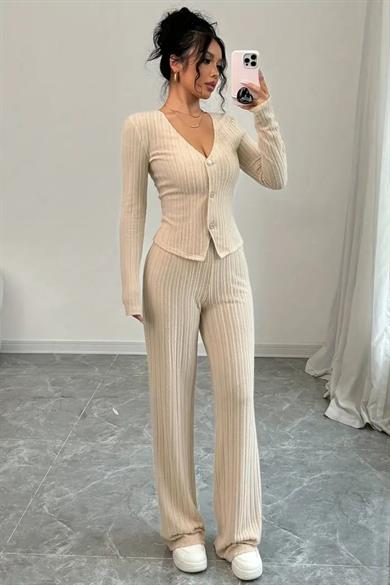 Bella Notte Bej Uzun Kollu Dekolteli Rahat Alt Üst Takım 77329
