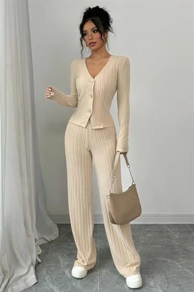 Bella Notte Bej Uzun Kollu Dekolteli Rahat Alt Üst Takım 77329
