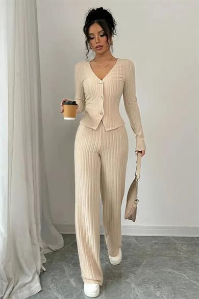 Bella Notte Bej Uzun Kollu Dekolteli Rahat Alt Üst Takım 77329