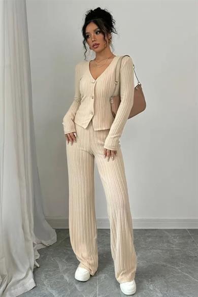 Bella Notte Bej Uzun Kollu Dekolteli Rahat Alt Üst Takım 77329