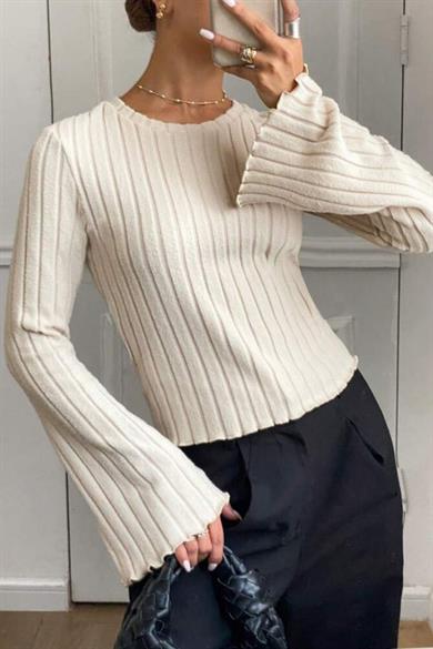 Bella Notte Bej Uzun Kollu Pamuklu Bluz B-5515