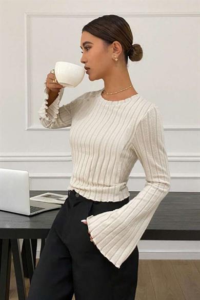 Bella Notte Bej Uzun Kollu Pamuklu Bluz B-5515