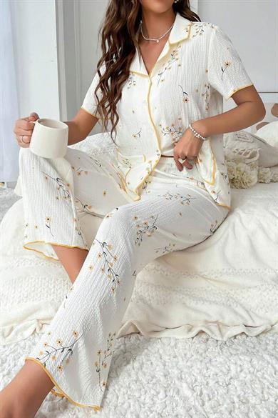 Bella Notte White Spring Daisy Print Pajama Set with Pocket Detail 7019